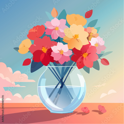 crystal glass vase with vibrant blooming flowers, vibrant vector illustration