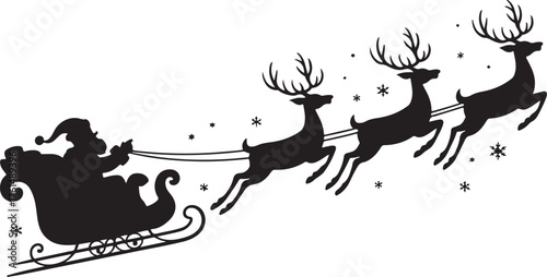 Santa in a sleigh with reindeers silhouette. Black vector silhouette isolated on white background