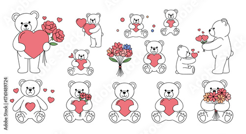 A collection of charming teddy bears holding hearts and flowers as romantic gestures.