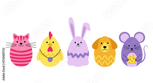 A cute collection of Easter themed egg shaped animals including a cat chicken bunny dog and mouse.