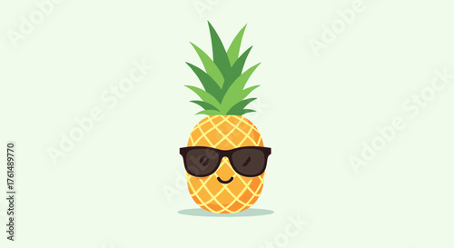 A happy pineapple wearing sunglasses on a light green background with a shadow.