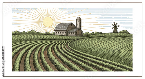 Rural landscape, panoramic format with a farm with and agricultural fields around.