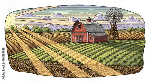 Rural landscape, panoramic format with a farm with and agricultural fields around.