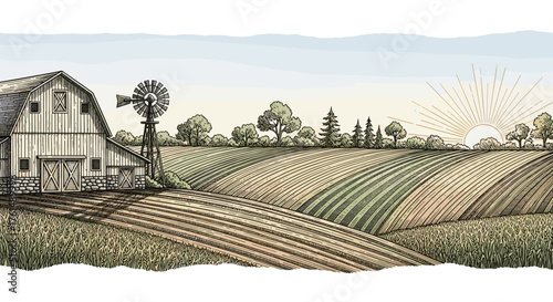 Rural landscape, panoramic format with a farm with and agricultural fields around.