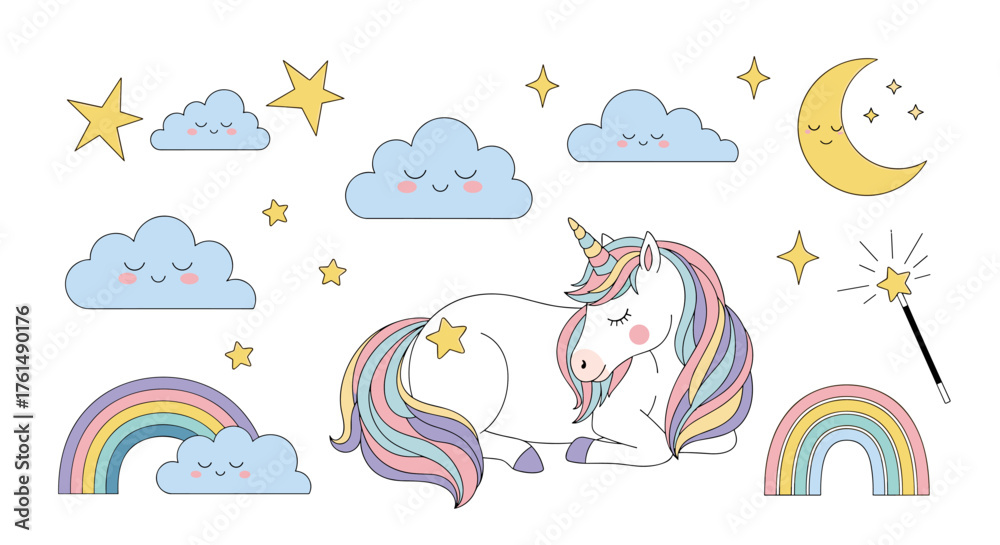 Naklejka premium A whimsical collection of magical unicorn and celestial elements for enchanting designs.