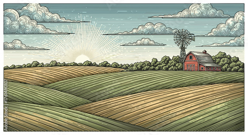 Rural landscape, panoramic format with a farm with and agricultural fields around.