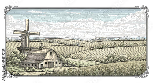 Rural landscape, panoramic format with a farm with and agricultural fields around.