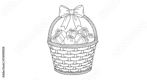 An intricately woven basket overflows with beautifully wrapped gifts tied with a decorative bow.
