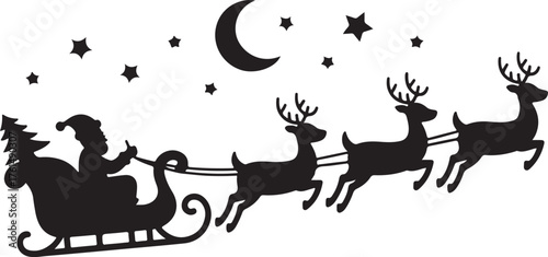 Santa's sleigh with reindeer flies across the sky.Vector silhouette.Template for laser, paper cutting, printing on T-shirts, mugs. Christmas illustration