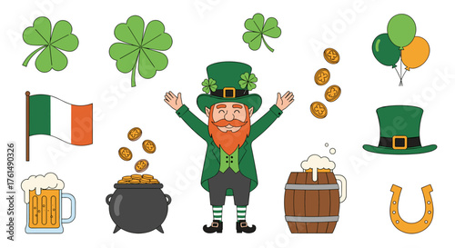 Happy leprechaun celebrating Saint Patrick's Day with clover and gold coins.