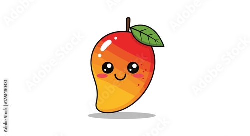 A cute cartoon mango with big eyes and a happy smile on a white background.