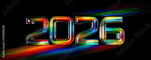 2026 rainbow number neon number glossy number futuristic number metallic number multicolor number black background diagonal streak light trail