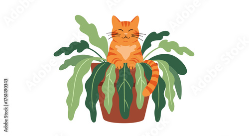 A cute ginger cat peacefully rests nestled amongst lush green leaves in a terracotta pot.
