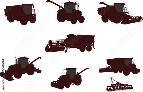 Agricultural machinery silhouettes, tractor, harvester, planter, cultivator, baler, sprayer, grain cart, seed drill, forage harvester, farm equipment, rural tools, field work