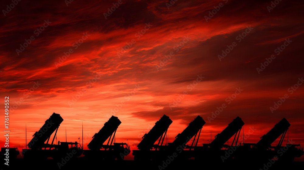 Obraz premium Silhouetted missile launchers stand ready against a dramatic fiery sunset.