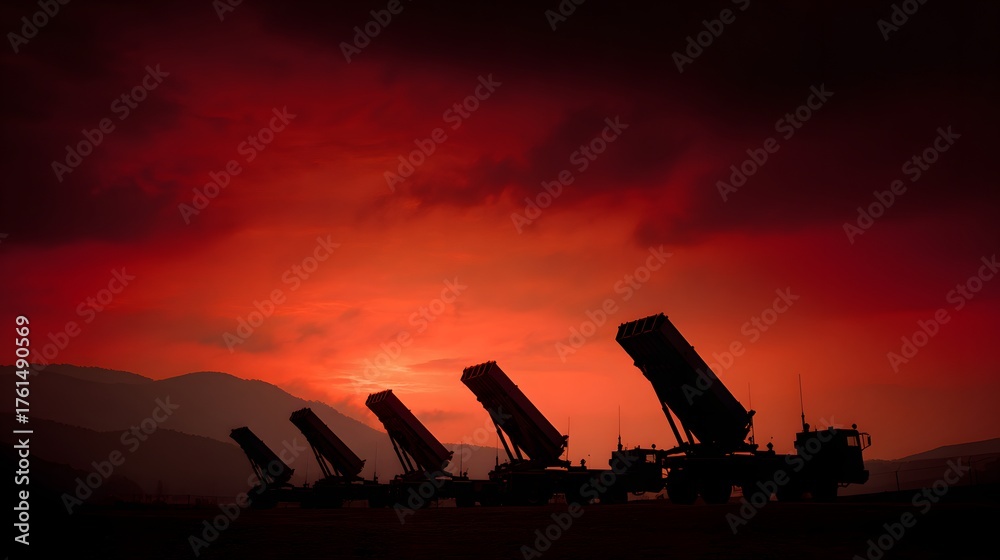 Obraz premium Silhouettes of missile launchers against a dramatic red sunset sky.