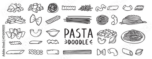 Pasta, spaghetti, vermicelli, macaroni feathers, horns, shells, butterflies doodle hand drawn icon set. Outline drawing wheat dough food line clipart symbol collection