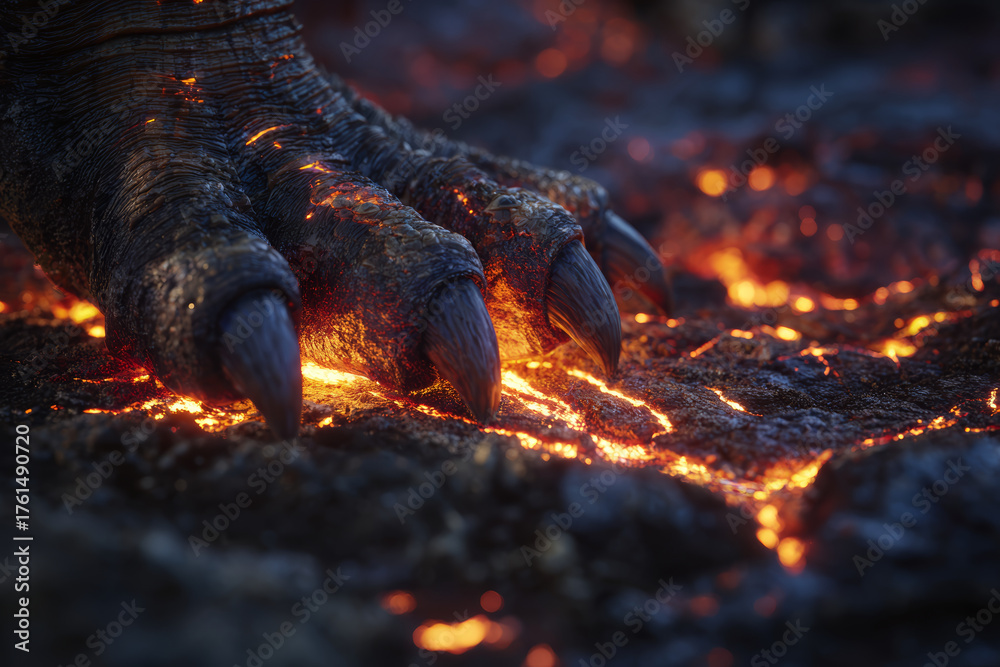 Naklejka premium Molten rock paw with glowing lava cracks, scorched claw touching hot volcanic surface, dramatic fiery texture and intense heat