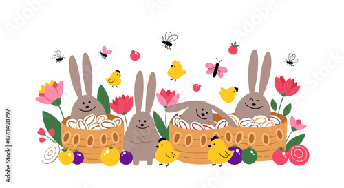 Cute bunnies and chicks celebrating springtime with flowers and fruit.