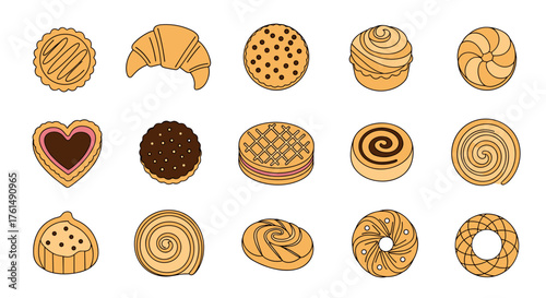 A delightful collection of assorted baked goods including cookies pastries and breads