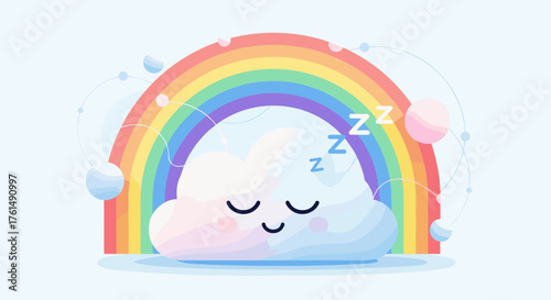 A cute sleeping cloud beneath a vibrant rainbow with gentle bubbles floating around.