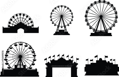 Amusement park silhouette, Ferris wheels, entrance archways, flag structures, black shapes, entertainment icons, fairground design, architectural elements, white back