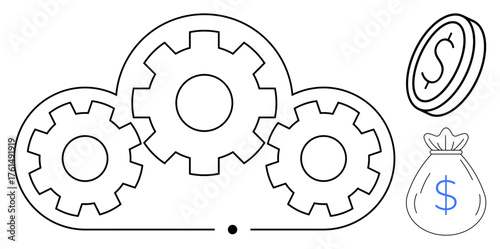 Cloud with gears representing technology, innovation, and collaboration, paired with coin and money bag for finance, success, savings, and economy. Ideal for business, fintech management