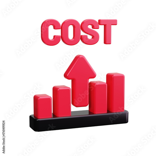 3D render of a red bar graph showing a significant increase in costs, with a rising arrow symbolizing inflation, economic challenges, and growing expenses