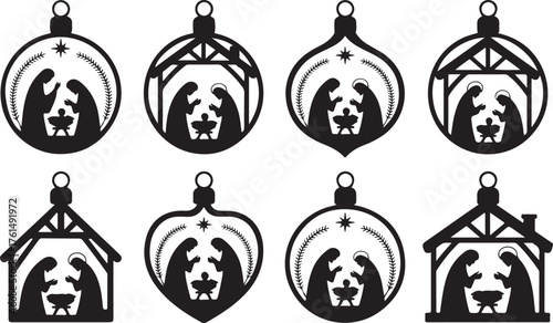 Set of holy Christmas scene on tree toys. Collection of silhouettes traditional christian characters holy night. Family decoration. Vector illustration of sacred elements for holiday congratulation