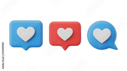 Speech bubble notification icons with heart symbol isolated on transparent background