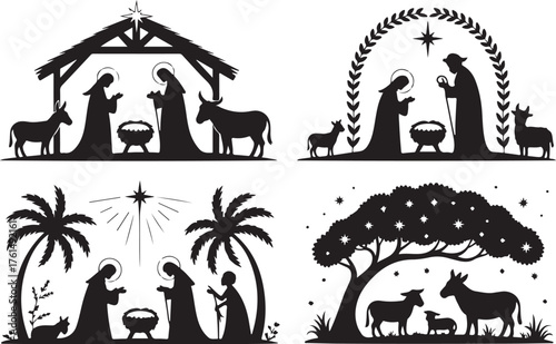 Set of holy Christmas scene. Simple nativity silhouette. Vector illustration