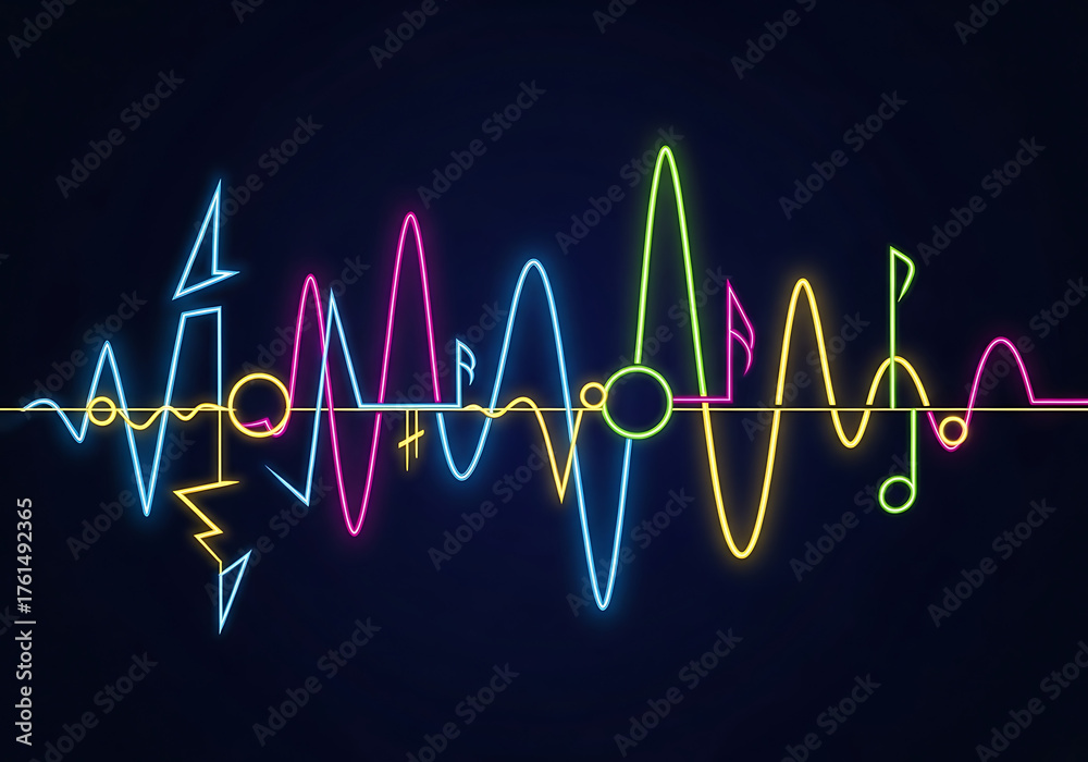 Obraz premium A surreal digital artwork where neon geometric shapes and rhythmic lines evoke the feeling of music and harmony. Vibrant turquoise, pink, and yellow patterns intertwine over a dark blue background, re