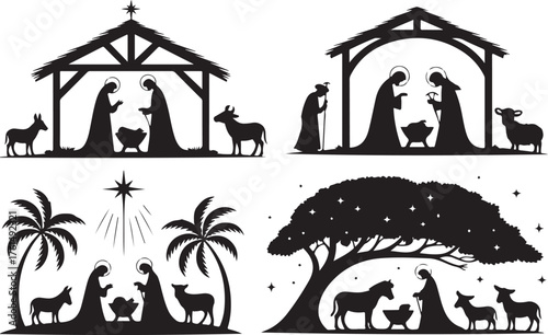 Set of holy Christmas scene. Simple nativity silhouette. Vector illustration