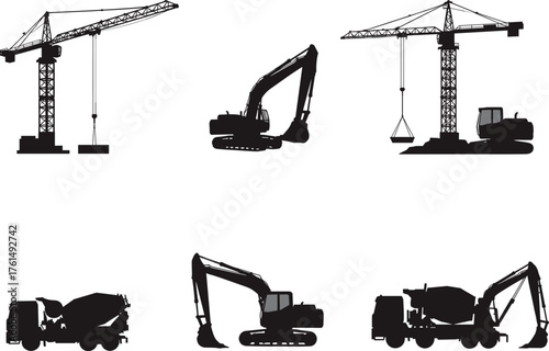 Construction machinery silhouette, tower cranes, excavators, cement mixer trucks, heavy equipment, civil engineering, black shapes, industrial tools, urban 