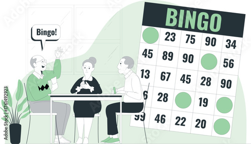 People playing bingo with a large bingo card game senior