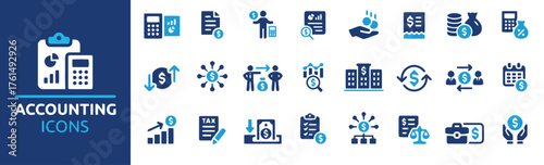 accounting, finance, icons, set, business, money, calculator, document, report, tax, investment, savings, growth, analysis, audit, currency, coin, bag, profit, loss, income, expense, balance, ledger, 