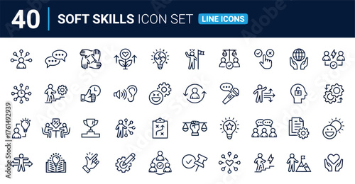 soft skills, icon set, line icons, communication, teamwork, leadership, problem solving, critical thinking, creativity, empathy, time management, adaptability, collaboration, negotiation, emotional in
