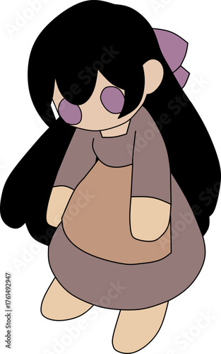 A cute doll with long black hair, a purple bow, and a brown dress.