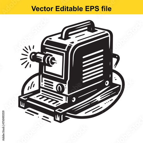 Vector art of compact welding machine with a laser beam and torch on a platform
