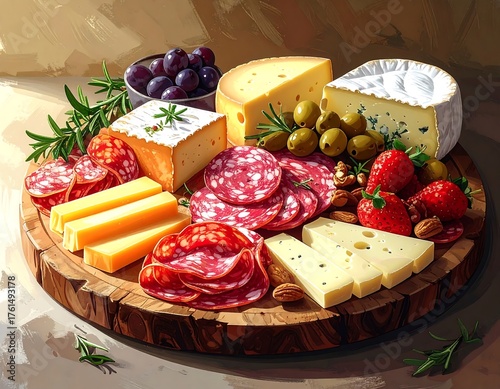 Digital painting of a wooden board loaded with an assortment of cheese, salami, grapes, olives, and strawberries