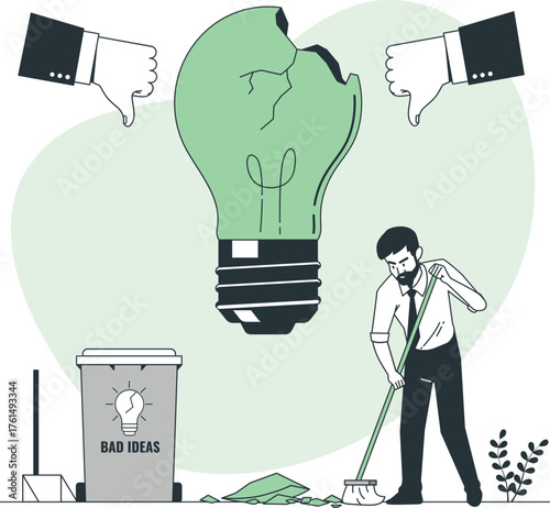 Man Sweeping Broken Lightbulb Labeled Bad Ideas with Thumbs Down light bulb concept