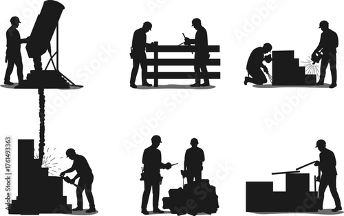Construction workers silhouette, welding, measuring, mixing concrete, teamwork, industrial labor, building site, manual work, safety gear, 