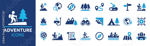 adventure, icon, set, outdoor, activity, travel, exploration, nature, camping, hiking, climbing, surfing, boating, mountains, trees, campfire, binoculars, tent, globe, backpack, map, signpost, person,