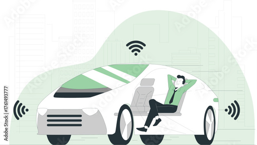Man relaxing in a self-driving car with city skyline and wireless signals Keywords: autonomous car, self-driving car, future, technology, transportation, vehicle, city, skyline, wireless, signal
