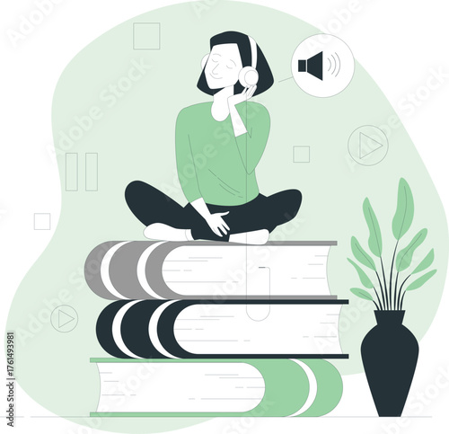 Person listening to audiobook on stack of books with headphones and plant Keywords: audiobook, listening, reading, education, learning, knowledge, books, stack of books, headphones, audio, sound
