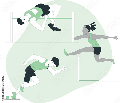 Athletes Competing in High Jump Hurdles and Sprinting Events athletics