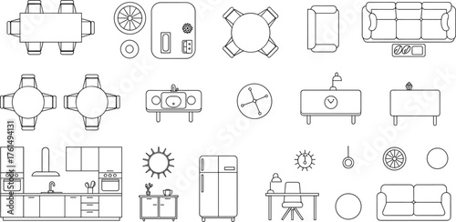 Household furniture, kitchen appliances, bathroom fixtures, dining setup, living room decor, interior elements, home essentials, modern furnishings, workspace layout, domestic design, home 