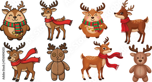 Set of Cute Christmas Reindeer Characters with Scarves and Bells Vector Collection