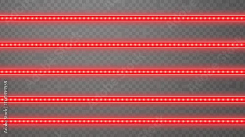 A vibrant display of red LED strip lights arranged in parallel, illuminating a transparent background with modern technological appeal.
