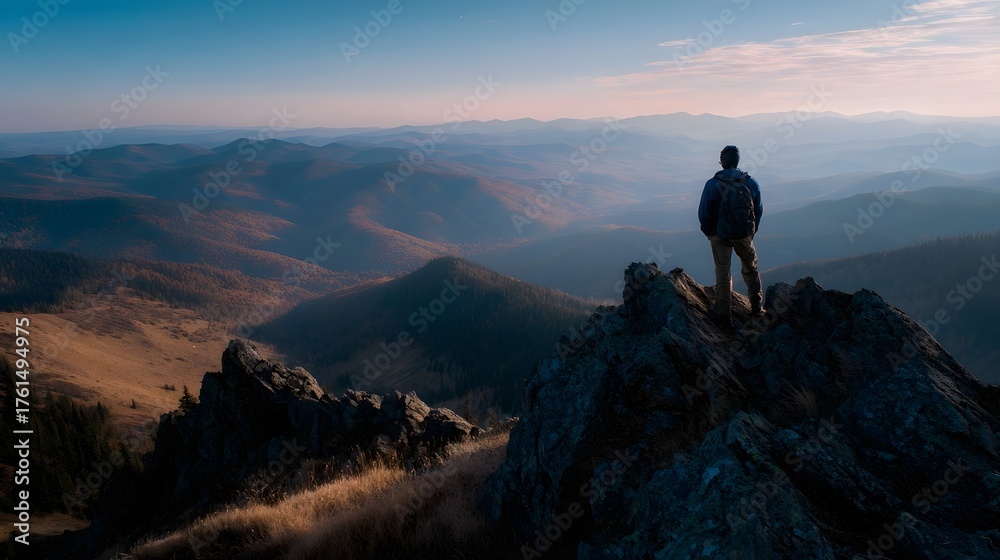 Fototapeta premium A lone hiker stands on a rocky mountain peak overlooking a vast landscape of rolling hills at sunrise